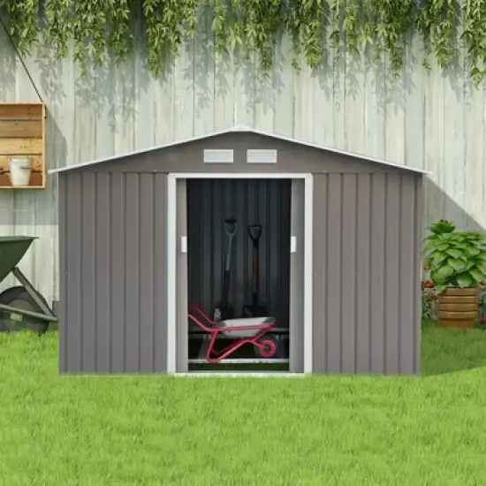 Outsunny 9' x 6' Metal Storage Shed Garden Tool House with Double Sliding Doors, 4 Air Vents for Backyard, Patio, Lawn Gray image {1}