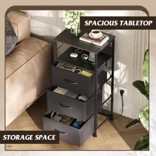 GALAXHERO LED Nightstand with Charging Station Night Stand with 3 Fabric Drawers and Storage Shelf Small Dresser for Small Space 31.9" H Bedside Table image {3}