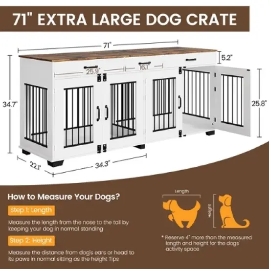 71-Inch Large Dog Crate with 3 Drawers for 2 Dogs, Spacious Wooden Indoor Kennel with Divider, Large Breed Dog Crate and TV Stand for Medium Large Dog image {1}