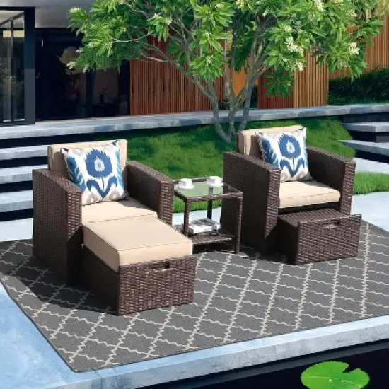SUGOLD Super Patio 5 Piece Outdoor Furniture Set, PE Wicker Rattan Small Patio Set Balcony Furniture, Outdoor Sofa with Ottomans, Tempered Glass image {1}