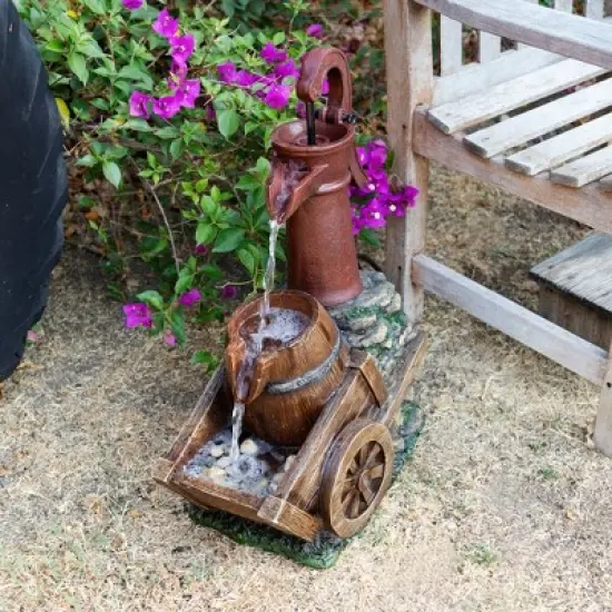 24" Vintage Red Water Pump With Wheelbarrow Fountain Small - Alpine Corporation image {1}