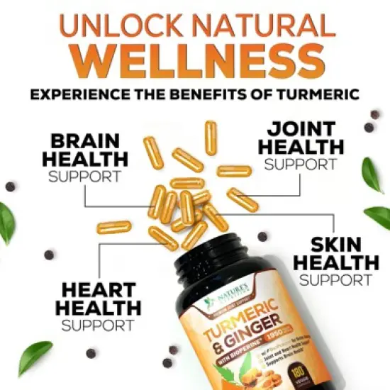 Turmeric Curcumin Supplement 1950mg Organic Turmeric with Ginger, 95% Curcuminoids, BioPerine Black Pepper, 180 Capsules By Nature's Nutrition image {6}