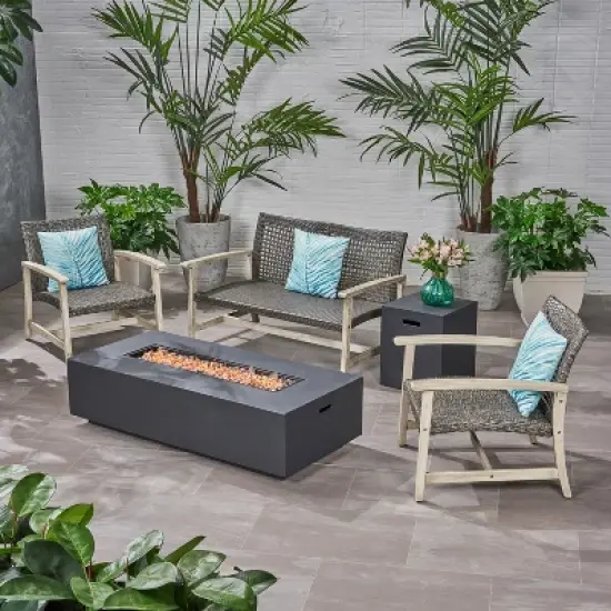 Christopher Knight Home Augusta Outdoor Acacia Wood and Wicker 4 Seater Chat Set with Fire Pit image {1}