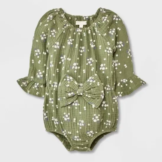 Grayson Collective Baby Girls' Bow Gauze Bubble Romper - Olive Green image {3}