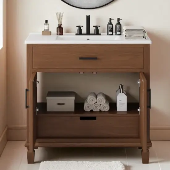 36" Rattan Bathroom Vanity with Ceramic Sink, Soft-Close Drawers & Solid Fir Legs,4" Faucet Compatible, Freestanding Vanity image {7}