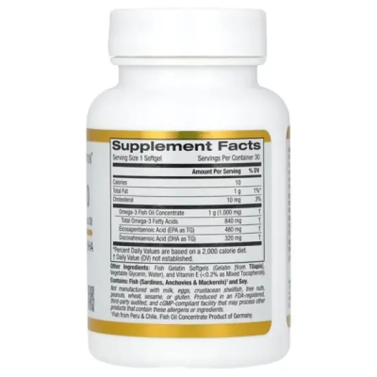 California Gold Nutrition Omega 800 Ultra-Concentrated Omega-3 Fish Oil, kd-pur Triglyceride Form, 30 Fish Gelatin Softgels (1,000 mg per Softgel) image {1}
