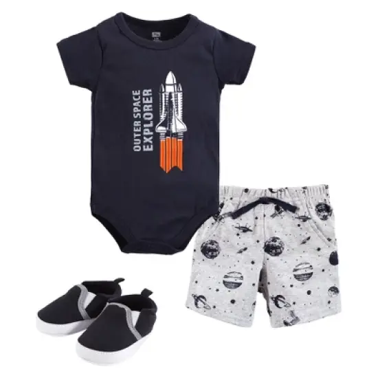 Hudson Baby Infant Boy Cotton Bodysuit, Shorts and Shoe Set, Outer Space image {6}