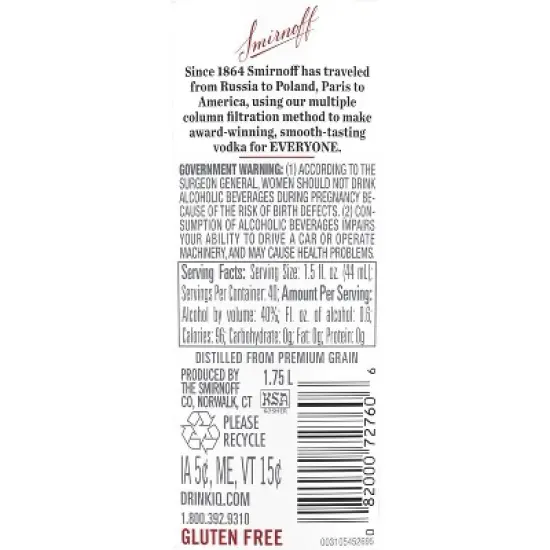 Smirnoff Vodka - 1.75L Plastic Bottle image {6}