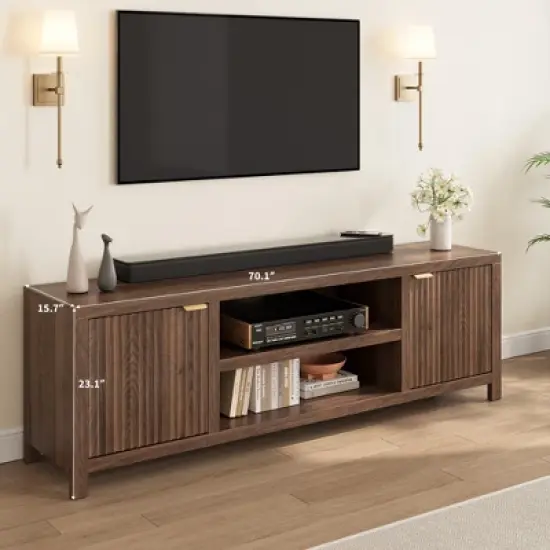 Garvee 70" TV Stand Entertainment Center with Storage, Fluted Door and Gold Handle, Wooden Media Console Cabinet for Living Room, Bedroom image {2}