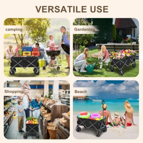 SUGIFT Vertical Folding Collapsible Wagon Cart, 150L Capacity, 600 lbs Load, Shock-Absorbing Wheels, Steel Frame, Black image {2}