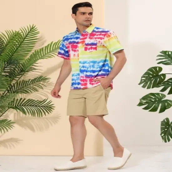 Lars Amadeus Men's Tie-dye Color Block Button Down Hawaiian Short Sleeve Striped Shirts image {3}