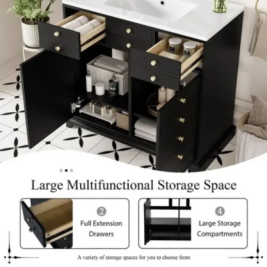 Okak 36" Modern Vanity Set, Solid Wood Cabinet with Ceramic Sink & Soft Closing Doors, Water-Resistant Finish for Small Bathrooms & Apartments image {6}