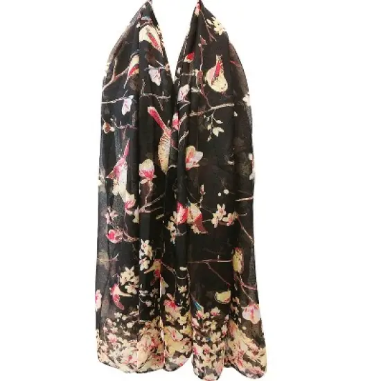Wrapables Lightweight Vintage Floral Bird Print Long Scarf Wrap, Black image {2}