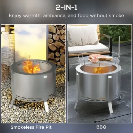 Kumasinova 2-in-1 Smokeless Fire Pit, BBQ Grill,19" Portable Wood Burning Firepit with Cooking Grate&Poker,Smoke Camping Bonfire Stove,Stainless Steel image {3}