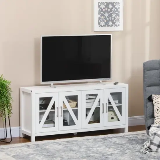 HOMCOM TV Cabinet Stand for TVs up to 58", Entertainment Center with Adjustable Shelves, 4 Glass Doors and 4 Cable Holes for Living Room, White image {2}