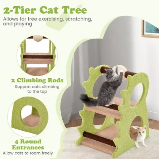 Tangkula 2-Tier Dinosaur Cat Tree Tower w/ Rotating Scratching Sisal Ball Climbing Rods image {5}