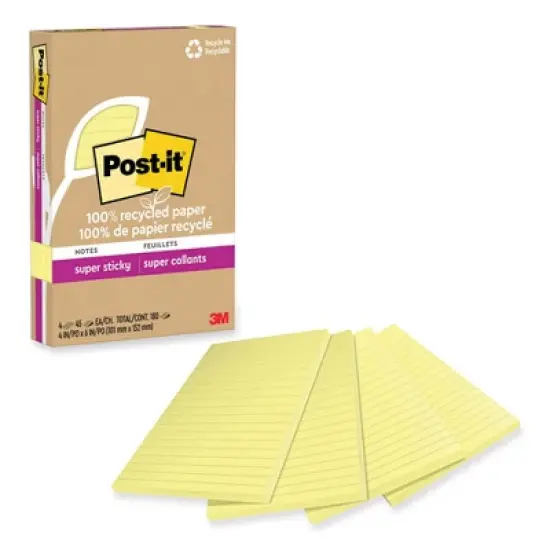 Post-it Notes Super Sticky 100% Recycled Paper Super Sticky Notes, Ruled, 4" x 6", Canary Yellow, 45 Sheets/Pad, 4 Pads/Pack image {1}