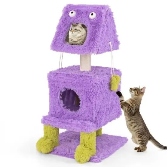 Tangkula Cat Tree Cute Monster-Themed Cat Tower w/ 2 Private Condos & Soft Long Plush image {9}