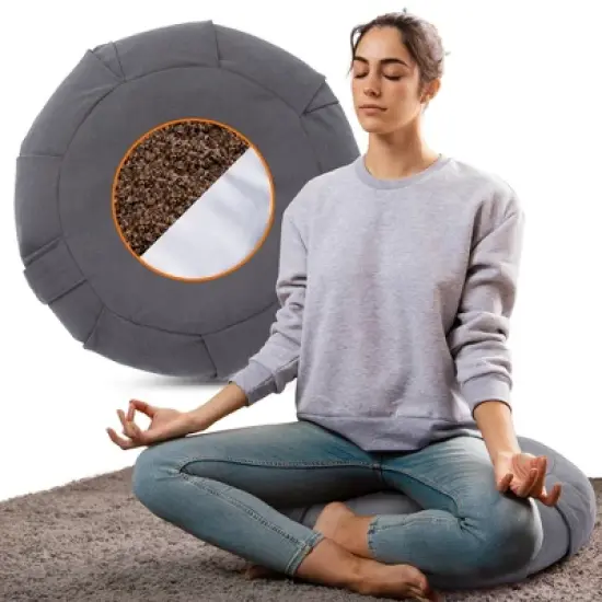 Cheer Collection Premium 16&rdquo; Buckwheat  Round Yoga and Meditation Floor Cushion with Removable Cover (Gray) image {7}