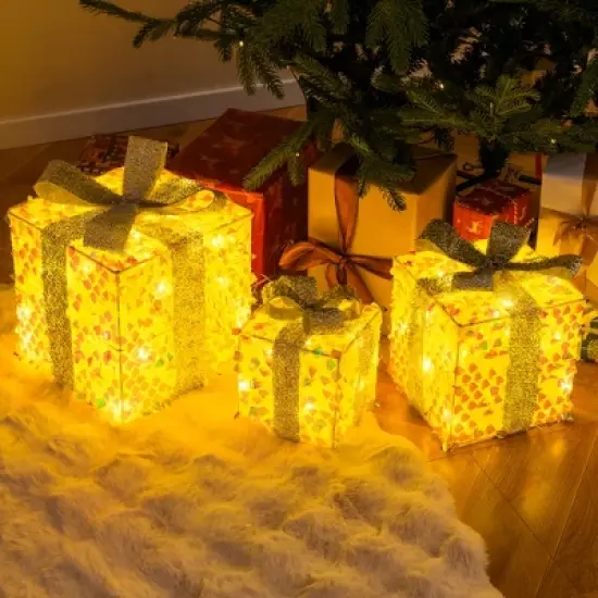 Tangkula Set of 3 Christmas Lighted Gift Boxes Pre-lit 90 LED Light Up Present Box Decorations with Bows and Plug image {1}