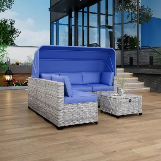 6 Pieces Patio Sectional Sofa Set, PE Rattan Daybed, Outdoor Wicker Sunbed Chaise Chair, Adjustable Backrest, for Poolside, Backyard image {11}