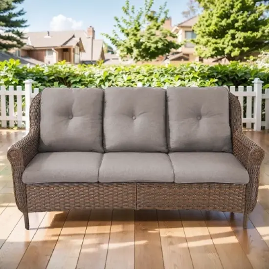 POCASSY 68" Wide Outdoor 3-Seater Sofa Patio Couch, All Weather Brown Wicker Patio Couch with Cushions for Porch Deck Backyard Pool image {11}