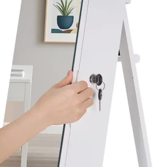 VECELO Mirrored Jewelry Cabinet 360&deg; Swivel Freestanding Jewelry Organizer LED-Lit Makeup Organizer with Bottom Storage Cabinet, White image {7}