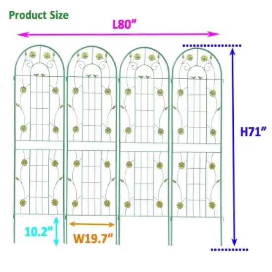 4 Pack Metal Garden Trellis 71" x 19.7" Rustproof Trellis for Climbing Plants Outdoor Flower Support, Green image {3}
