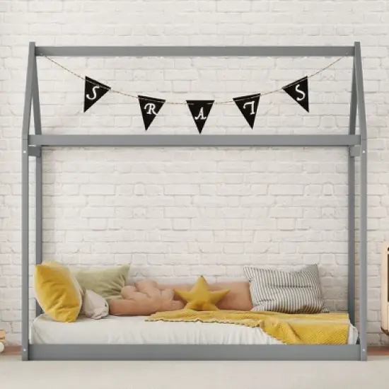Okak Twin House-Shaped Roof Wooden Bed Frame,Modern Floor Bed for Toddlers/Kids Bedroom image {3}
