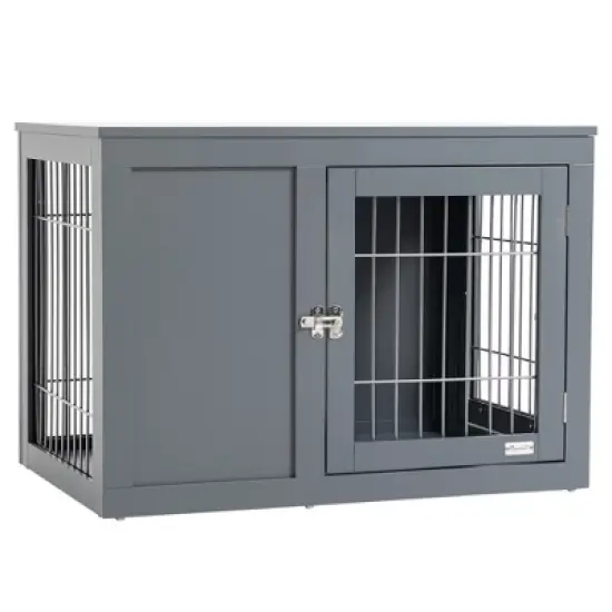 PawHut Wooden Dog Crate Furniture Wire Indoor Pet Kennel Cage, End Table with Double Doors, Locks for Small and Medium Dog House image {6}