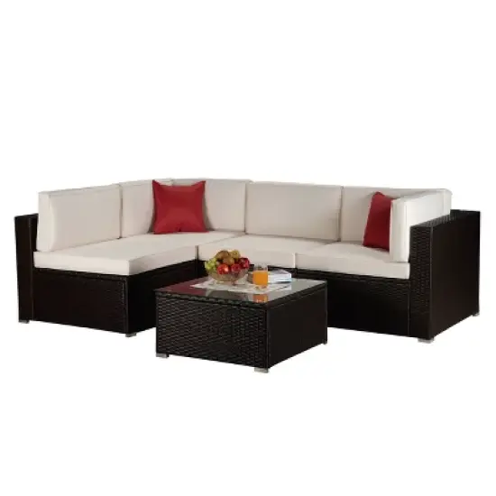 5pc Outdoor Rattan Wicker Conversation Set - Brown/Beige/Red - GODEER image {2}