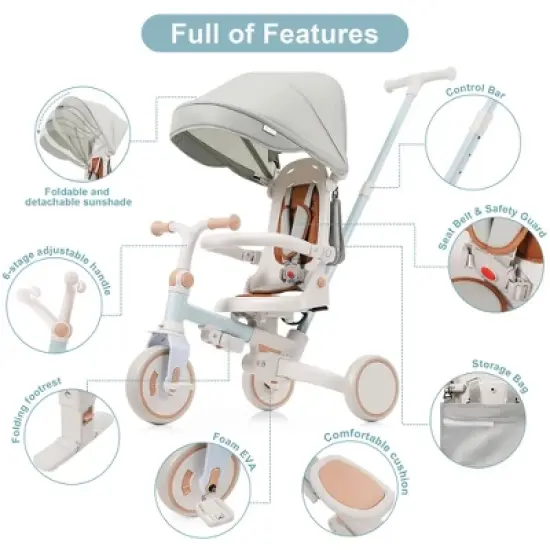 LOVSON 7-in-1 baby tricycle, equipped with removable push bar and footrest, sun canopy, safety guardrail, blue, (suitable for babies aged 1-6 months) image {5}