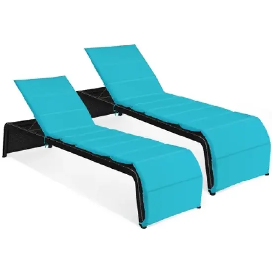Costway 2 PCS Patio Rattan Lounge Chair Chaise Recliner Adjustable Cushioned Turquoise\Red image {10}