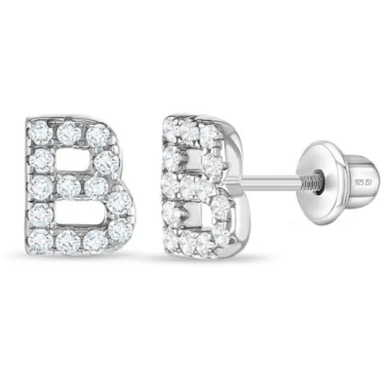 Girl's Cubic Zirconia Letter Initial Screw Back Sterling Silver Earrings - In Season Jewelry image {10}