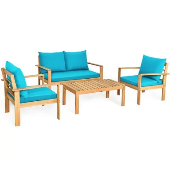 Costway 4PCS Patio Furniture Set Acacia Wood Thick Cushion Loveseat Sofa Off White\Turquoise\Grey image {8}
