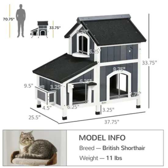 SKYONE Two-Story Outdoor Cat Shelter with Asphalt Roof, Elevated Fir Wood Enclosure, Multiple image {2}
