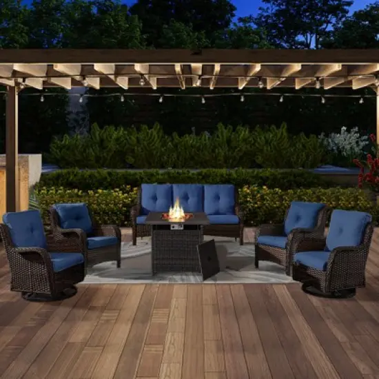 6 Pieces Wicker Patio Furniture Set with Propane Fire Pit Table, All Weather Wicker Patio Set with Square Fire Pit Table and Swivel Patio Chair image {15}