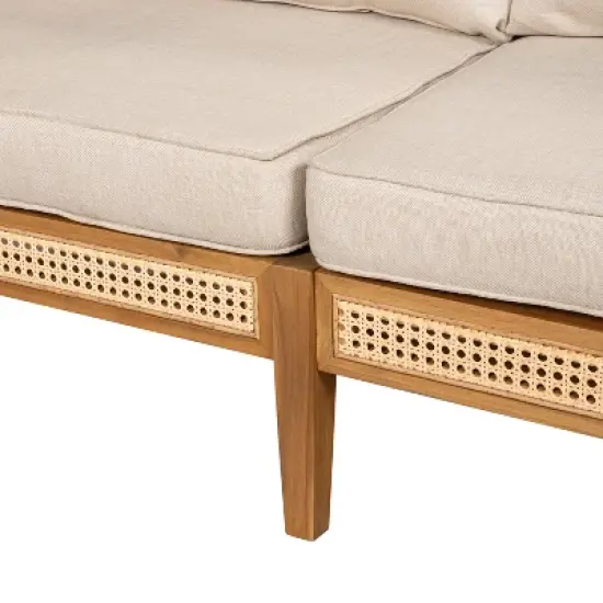 Christopher Knight Home Maciej 56" Patio Rustic Acacia Wood Upholstered Sofa with Rattan-Wrapped Frame image {7}