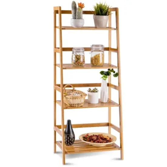 Costway Multifunctional 4 Shelf Bamboo Bookcase Ladder Plant Flower Stand Rack Storage image {1}