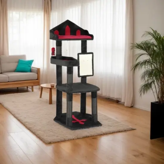 FURNIinspire Pet Tower 50 Inch Gothic Corner Cat Tree Cat Tower Stand with Perch, Scratching Post, Extra Wide Base, Black, 23.4"*23.01"*50" image {5}