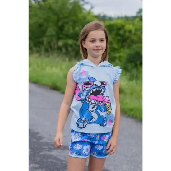 Disney Minnie Mouse Lilo & Stitch Girls French Terry Tank Top Shirt Dolphin and Active Shorts Little Kid to Big Kid image {1}