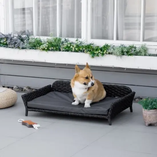 PawHut Rattan Dog Sofa, Wicker Pet Bed, Raised Cat Couch, with Steel Frame, Washable Cushion, Indoor & Outdoor Use, for Large and Medium Dog, Gray image {2}