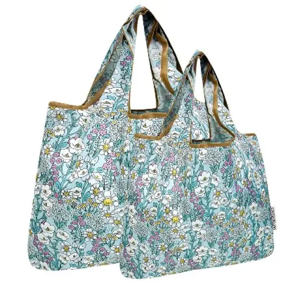 Wrapables Large & Small Foldable Nylon Reusable Shopping Bags (Set of 2), Flower Garden image {6}