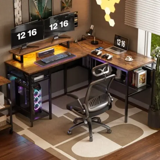 Aheaplus 55.5'' Reversible L-shaped Desk with Power Outlets and RGB LED Lights, Computer Table with CPU Stand and Monitor Stand image {12}