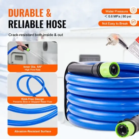 VEVOR 15ft Heated Water Hose for RV,Heated Drinking Water Hose Antifreeze to -45&deg;F, Automatic Self-regulating, 5/8" I.D. with 3/4" GHT Adapter, Blue image {6}