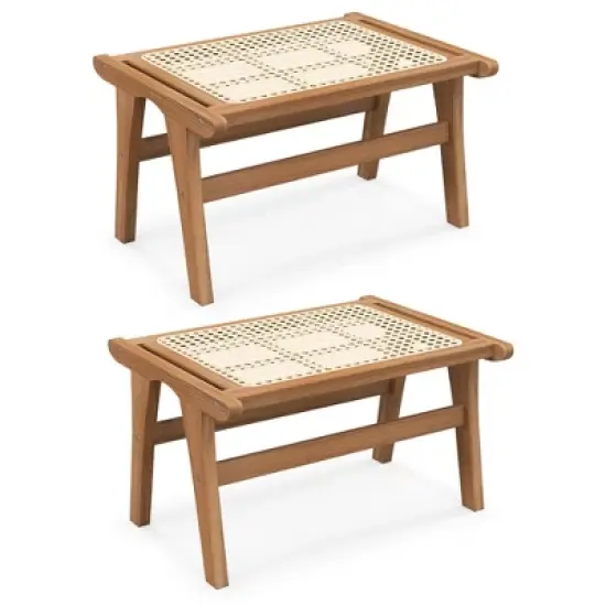 Costway 1/2 PCS Ottoman Footstool Natural Teak Wooden Foot Rest with Handwoven Rattan Indoor image {9}