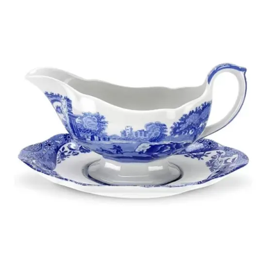 Spode Blue Italian 9 Oz Gravy Boat and Saucer, Earthenware Sauce Boat with Large Handle, Classic Countryside Design, Dishwasher & Microwave Safe image {7}