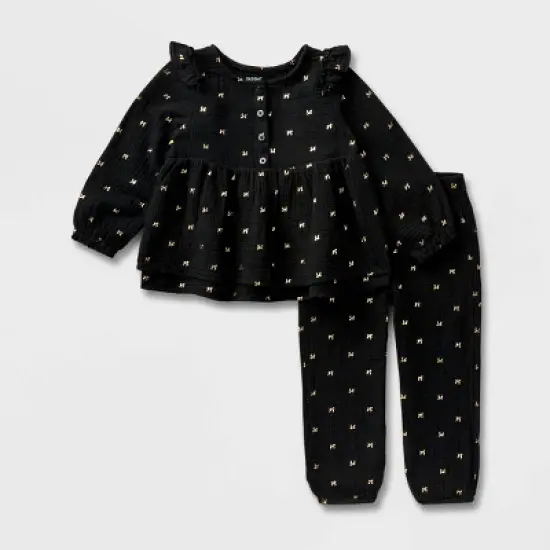 Toddler Girls' 2pc Adaptive Long Sleeve Dressy Top and Bottom Set - Cat & Jack&trade; Black image {4}