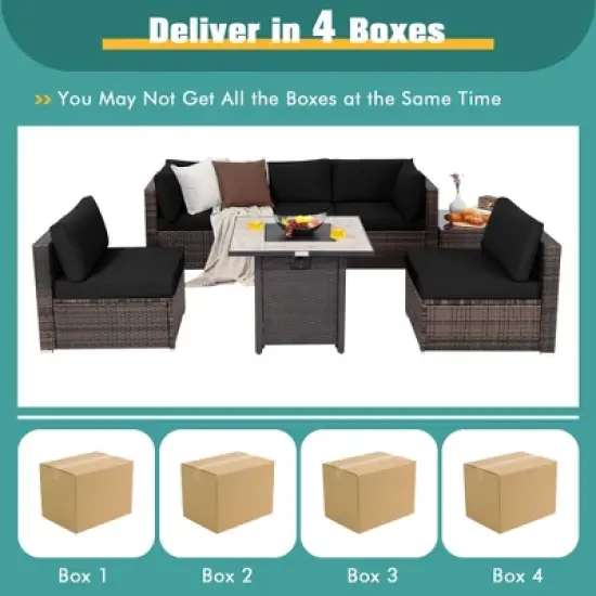 Costway 7PCS Patio Rattan Furniture Set 30'' Fire Pit Table Cover Cushion Sofa Off White\Black\Navy\Red\Turquoise image {8}