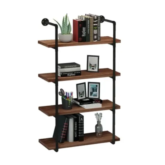 HOMCOM 4-Tier Industrial Pipe Shelves Floating Wall Mounted Bookshelf, Metal Frame Display Rack, 1.25" Thickness Shelving Unit Kitchen, Bar, Brown image {3}